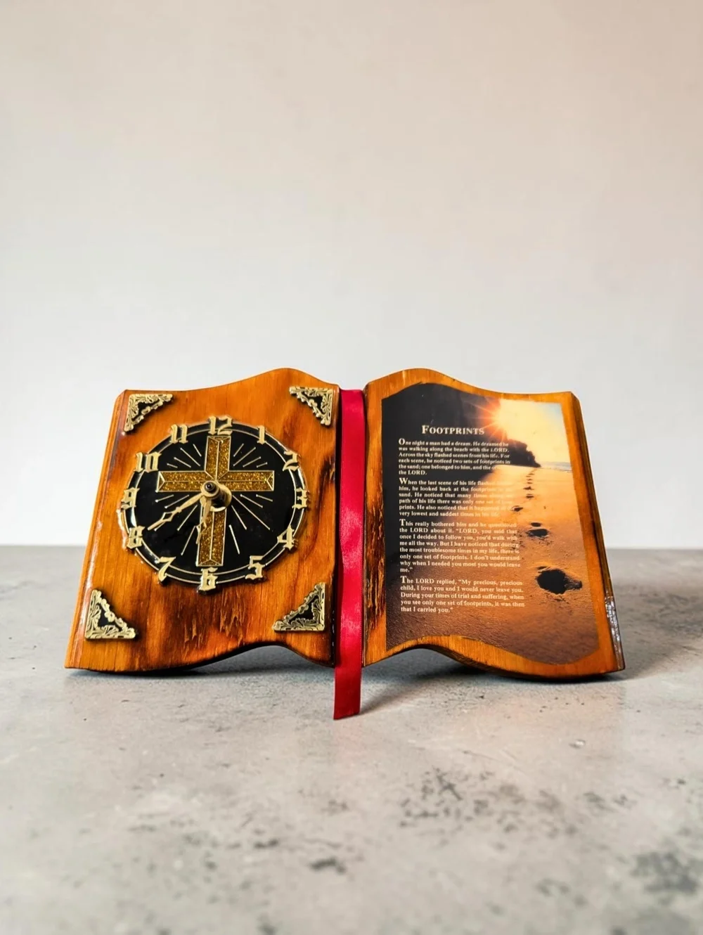 Vintage Footprints Poem Wooden Wall Clock Christian Religious Open Book Cross